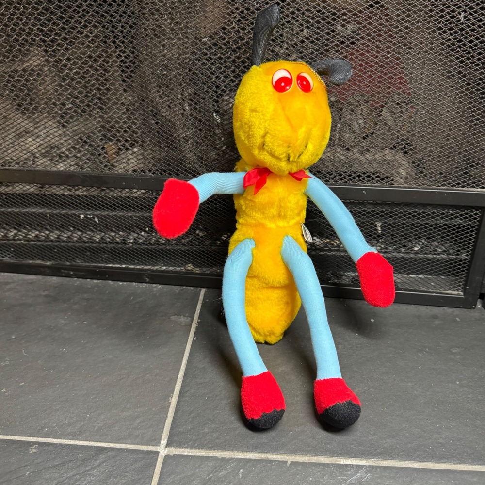 RARE 80s Vintage Acme Yellow Ant Plush Toy Blue Limbs Red Eyes Ornament Carnival